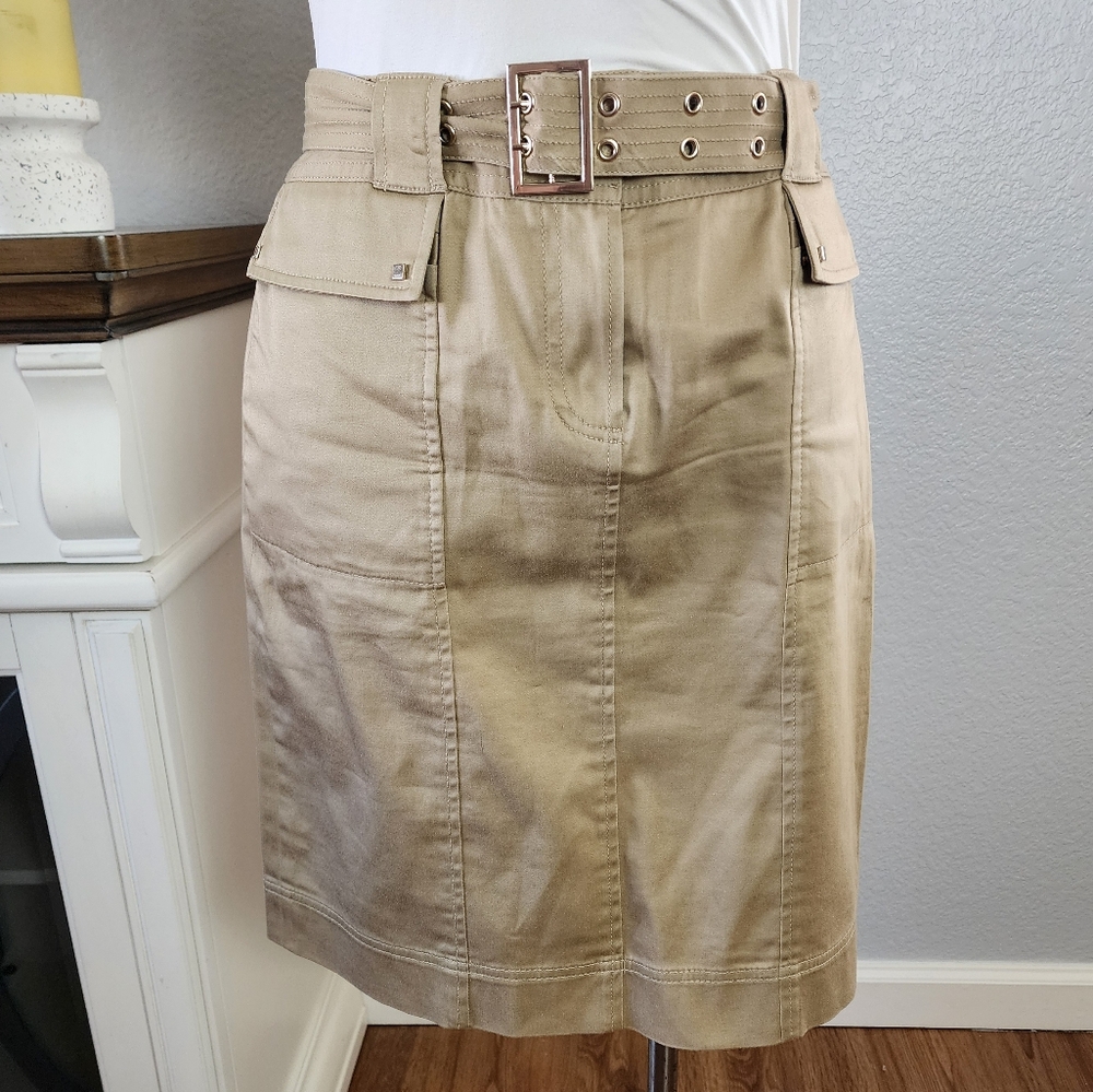 Anne Klein Stretch Tan Belted Zipper Front Pockets Women's Skirt Size 4